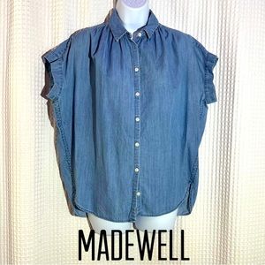 Madewell women blue cotton top cap sleeve white button front point collar Sz XS